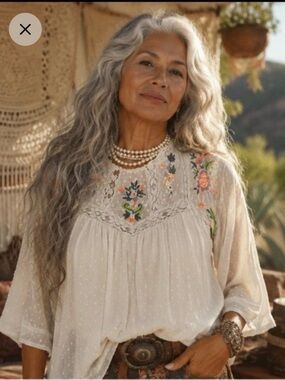Boho Romantic Embroidered Swiss Dot Peasant Blouse - Women's